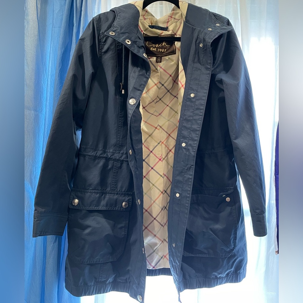 Large Navy Blue Coach Snap Raincoat w/ Drawstring